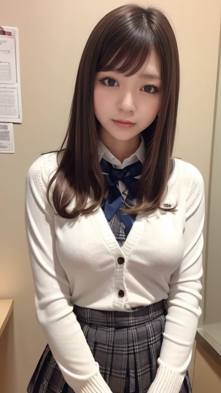 Japanese female 1 person、1, Baby Face, Large Breasts, Big Ass、 high school girl、 natural body shape、 white skin、 natural makeup、 black hair、 bangs、 straight long hair、(long sleeve cardigan、 white blouse、 plaid pleated skirt)、((The upper body is wearing a uniform))、school classroom、 looking at the camera、