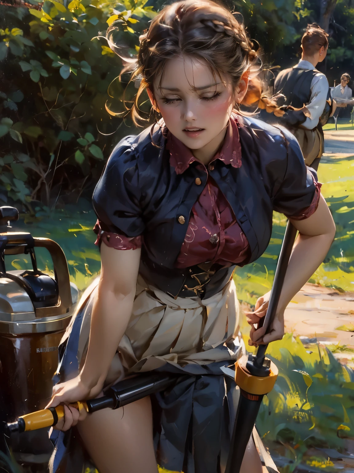 a woman, drooping eyes, ((styled old westerner oil painting)), eyes realistic sizing, pleated skirt, (round face), straddling bollard that is standing on the ground to hit her crotch, detailed panties, open legs, braid, (((incontinent, peeing, humiliated))), (((pee dripping from the crotch))), (embarrassing), outdoor, (standing and straddling to hit her crotch area from over clothes against a vibrating grass trimmer handle)