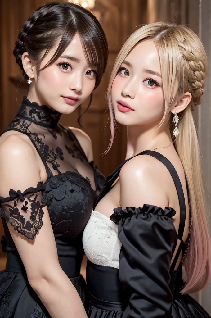  (2 beautiful girls:1.2), one on the left, the other on the right, facing each other, (stick out long tongue:1.2), ((Highest quality)), ((masterpiece)), (detailed), (french braid blonde), romantic low bun, elbow gloves, (Gothic and ****ta:1.1), small breasts, happy, (Blushed:1.3), shame, Confused expression, Big earrings, Shiny skin, Thin eyebrows, close up upper body, (from avobe)