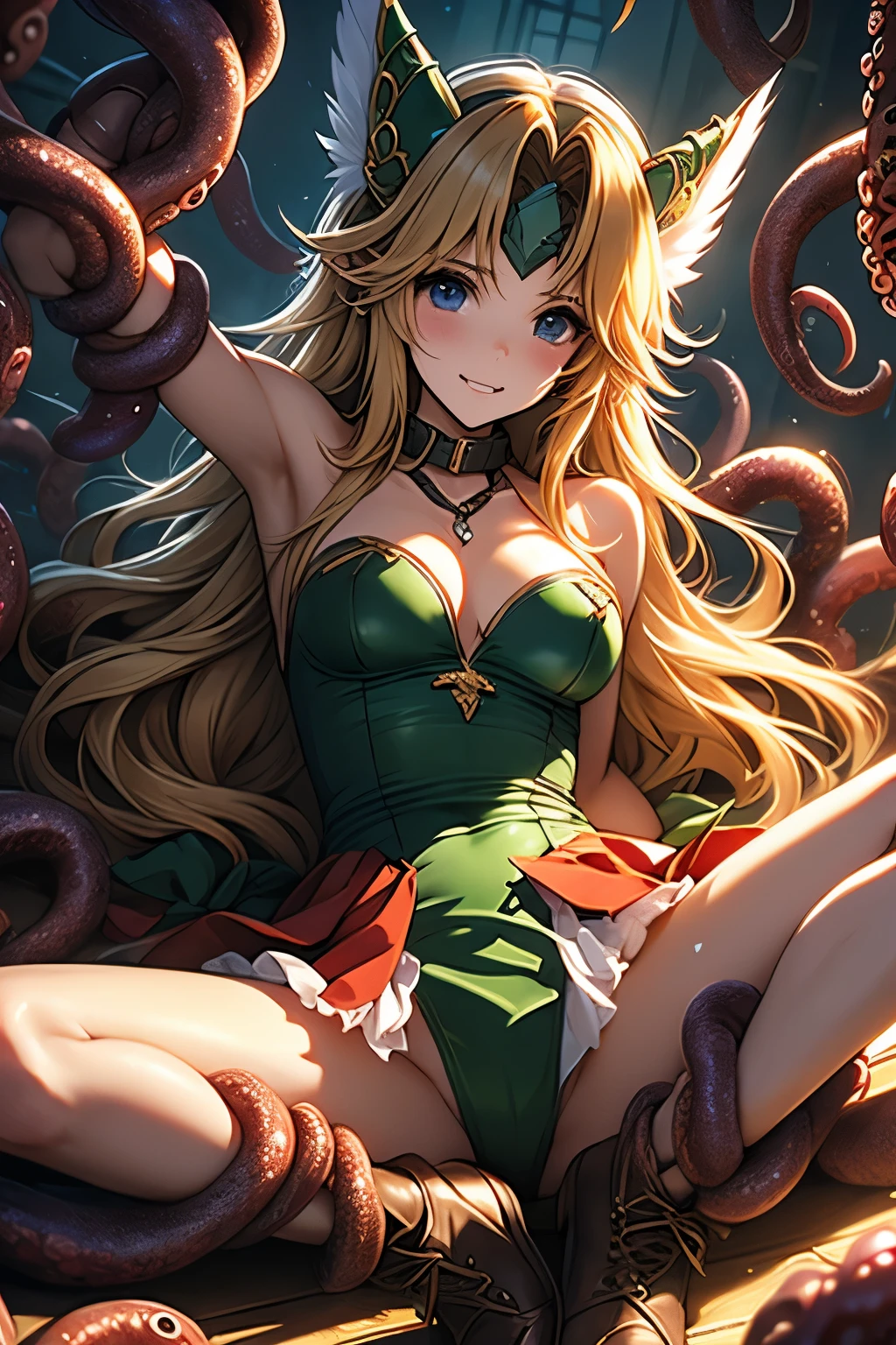 （（（ＳＦＷ、sound、Highest quality、first-clasasterpiece、Normal body、8k、Detailed face、Ultra-precision、Normal hand、Normal finger、５finger、Highest）））、Secret of Mana 3、lease、Blonde、Long Hair、Straight Hair、Hair ribbon、Torn Green Leotard、Torn slit skirt、defeat、Constraints、Bondage、ChainBondage、BIND on all fours、Spread your legs and bind、Collar、CollarChainRead、blush、Estrus、Teary-eyed、prison、Imprisonment、Tentacles wrap around、Tentacles entangled、Tentacles invade the leotard、Tentacles milking、Cup-shaped tentacles stick to breasts、Boobs Vacuum