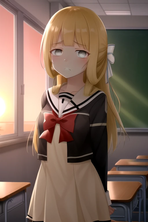 (sunset light:1.1), (cowboy shot, shoot from front, directly in front:1.2), classroom, 1girl, solo, looking viewer, blonde hair, brown hair, grey eyes, crazy eyes, sad, despair, (empty eyes, dark persona:1.2), school uniform, hair ribbon, serafuku, blunt bangs, bowtie, sailor collar, red bow, dress,