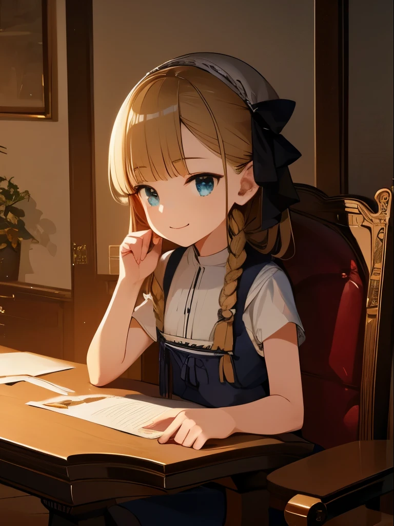 artist:Fuumi, Reines, 1girl, high quality, best quality, illustration, masterpiece, (highly detailed:1.2), (extremely detailed:1.3), flat chest, sleeveless, string ribbon, white shirt, young girl, braid, (children:1.2), , in a house, smiling, sitting on chair