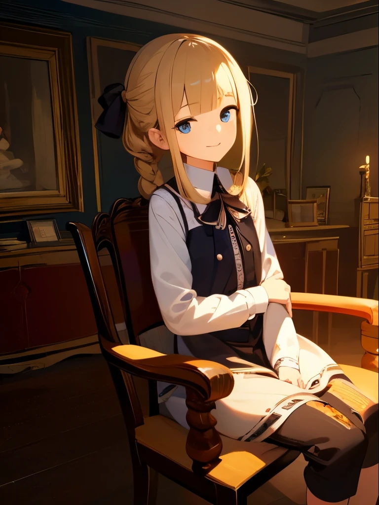 artist:Fuumi, Reines, 1girl, high quality, best quality, illustration, masterpiece, (highly detailed:1.2), (extremely detailed:1.3), flat chest, sleeveless, string ribbon, white shirt, young girl, braid, (children:1.2), , in a house, smiling, sitting on chair