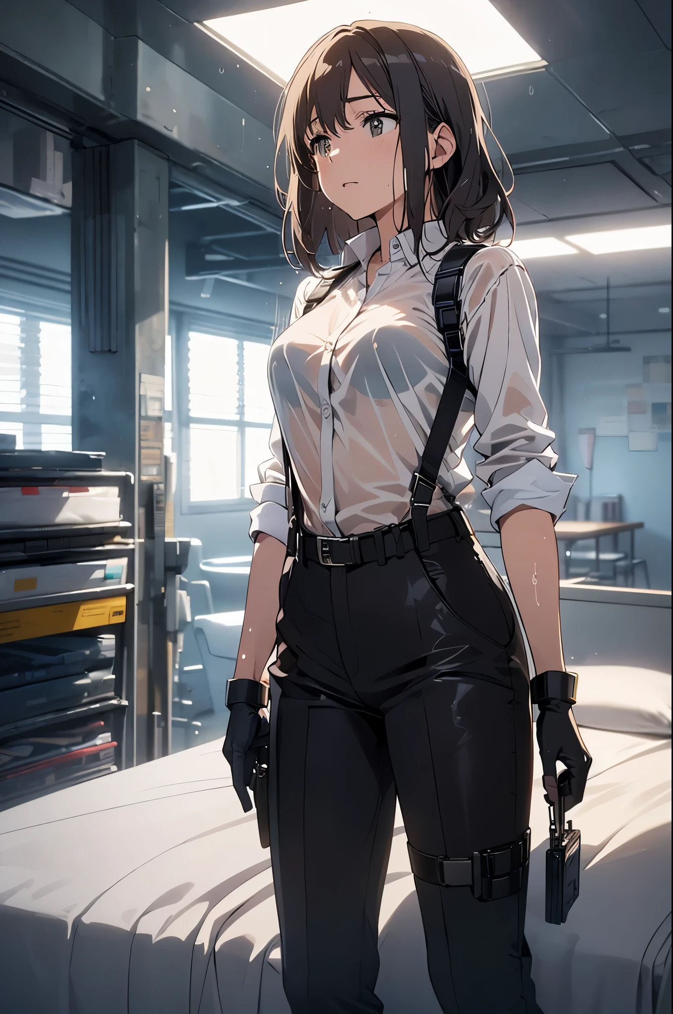 1 female, , high quality, masterpiece, Ultra-high resolution, , Cinema Lighting, , , And the suspenders with the cranes flying Large Breasts Small face holster Lying in bed Looking up Sweat belt summer 脇Sweat Black Hole Gloves suit shirt Black jacket Black trousers Leg Links ズボンにbelt holster Hands behind your back Anxious expression Looking up Anxious face, legs apart Armament Handgun handcuffs Cable ties レッグholster holster See-through clothing heavy rain Getting wet in the rain