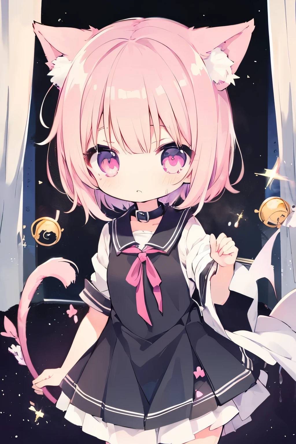 1girl, malevolent, evil look, pink hair, short hair, green eyes, animal ears, fake animal ears, cat ears, hairband, dress, striped, socks, nail polish, night background,Annie Hastur, Smol, Cat Ears Headband, ,