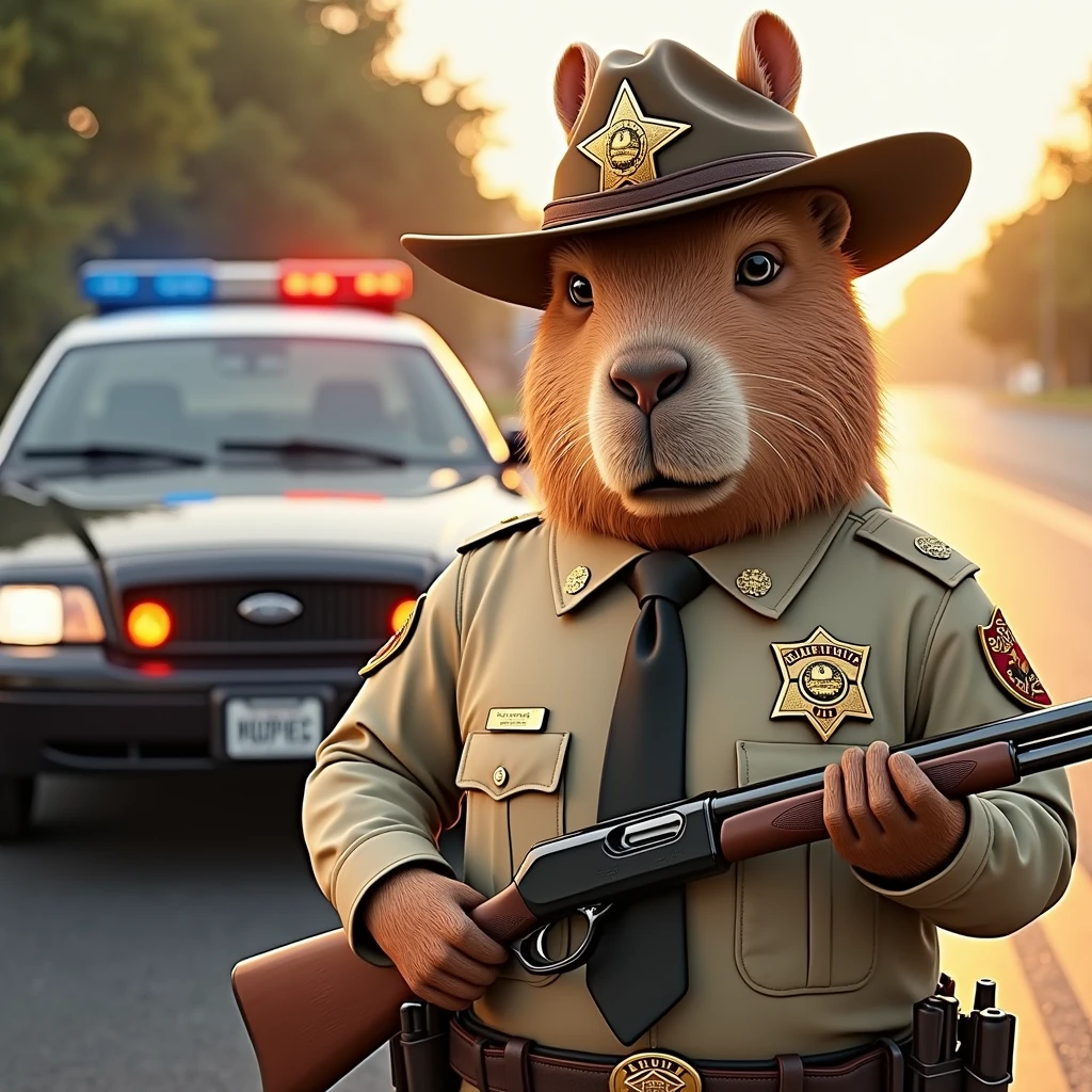 A **capybara sheriff** wearing a **traditional American sheriff uniform** complete with **badges and a hat**, confidently holding a **shotgun** while standing in front of a **patrol vehicle** displaying **police insignia**. The setting is a **suburban outdoor scene** with **warm lighting** and **soft realistic textures** on the capybara's fur and clothing. The capybara has a **serious yet friendly expression**, and the **police car in the background** is slightly **out of focus** with **flashing lights**. The artwork is a **highly detailed, cinematic 3D render**, with a **Pixar style** that evokes photorealism. **(capybara sheriff, traditional uniform, shotgun, suburban setting, warm lighting, photorealism, Pixar style, soft textures, cinematic)**.