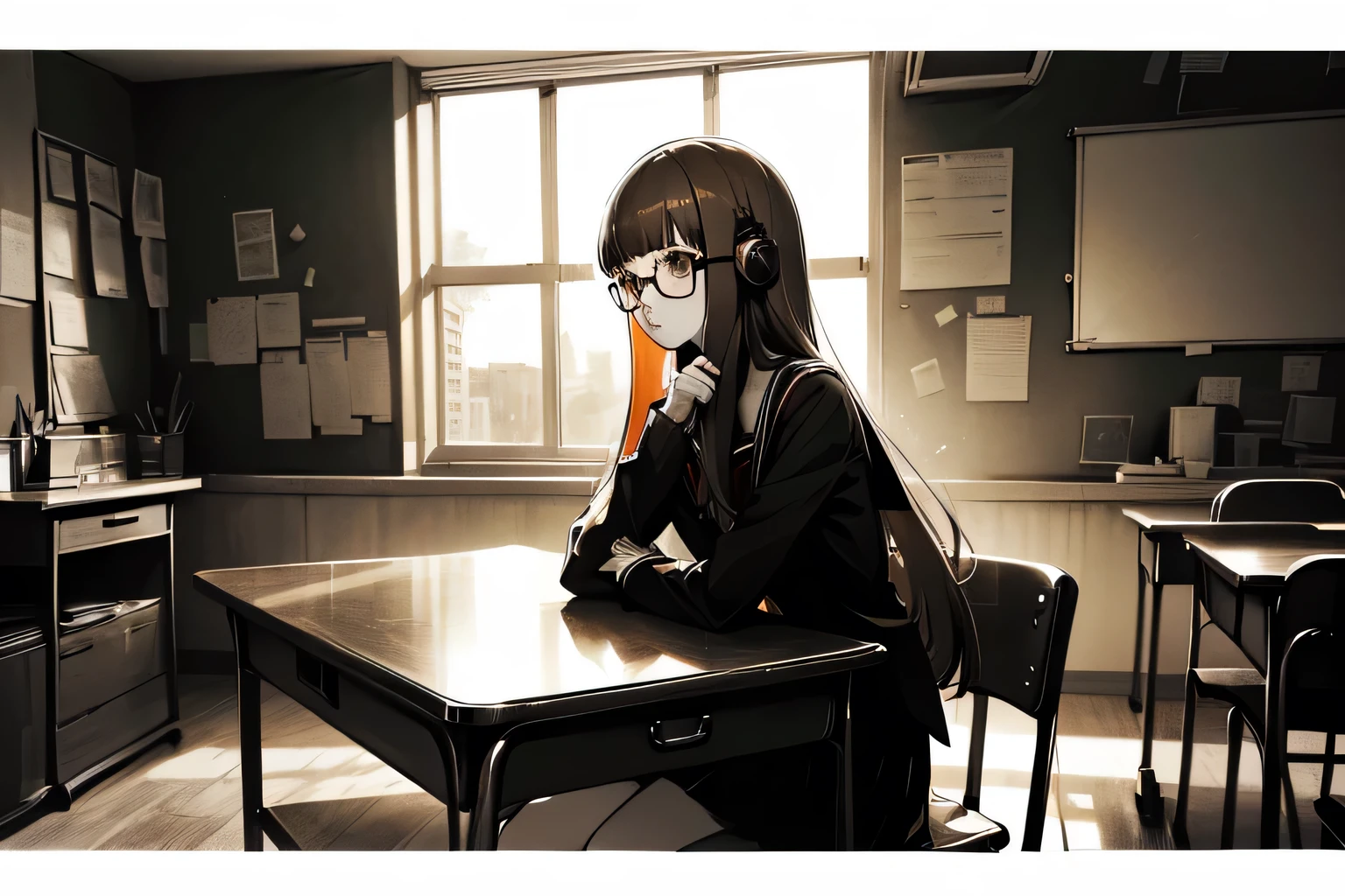 Solo, long hair with blunt bangs, glasses and headphones, dsfutaba, primary colour is red, closeup, sitting on a table, classroom, windows, school, school uniform, detailed, holding a book, detailed, details, high quality, solo, young woman, studying, monochrome, (spot color:1.2), (style art:1.2), shades of red