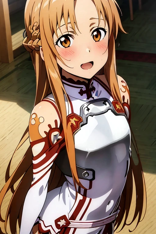 ((Best Quality)), ((masterpiece)), (be familiar with), Perfect Face, indoor, bedroom, Watching the audience,
One woman, Yuuki Asuna,
Open Mouth, Ecstatic expression, blush, smile,
Small breasts, Flat Chest, , , , Girl,
Long Hair, Long Hair,
Leg spread,