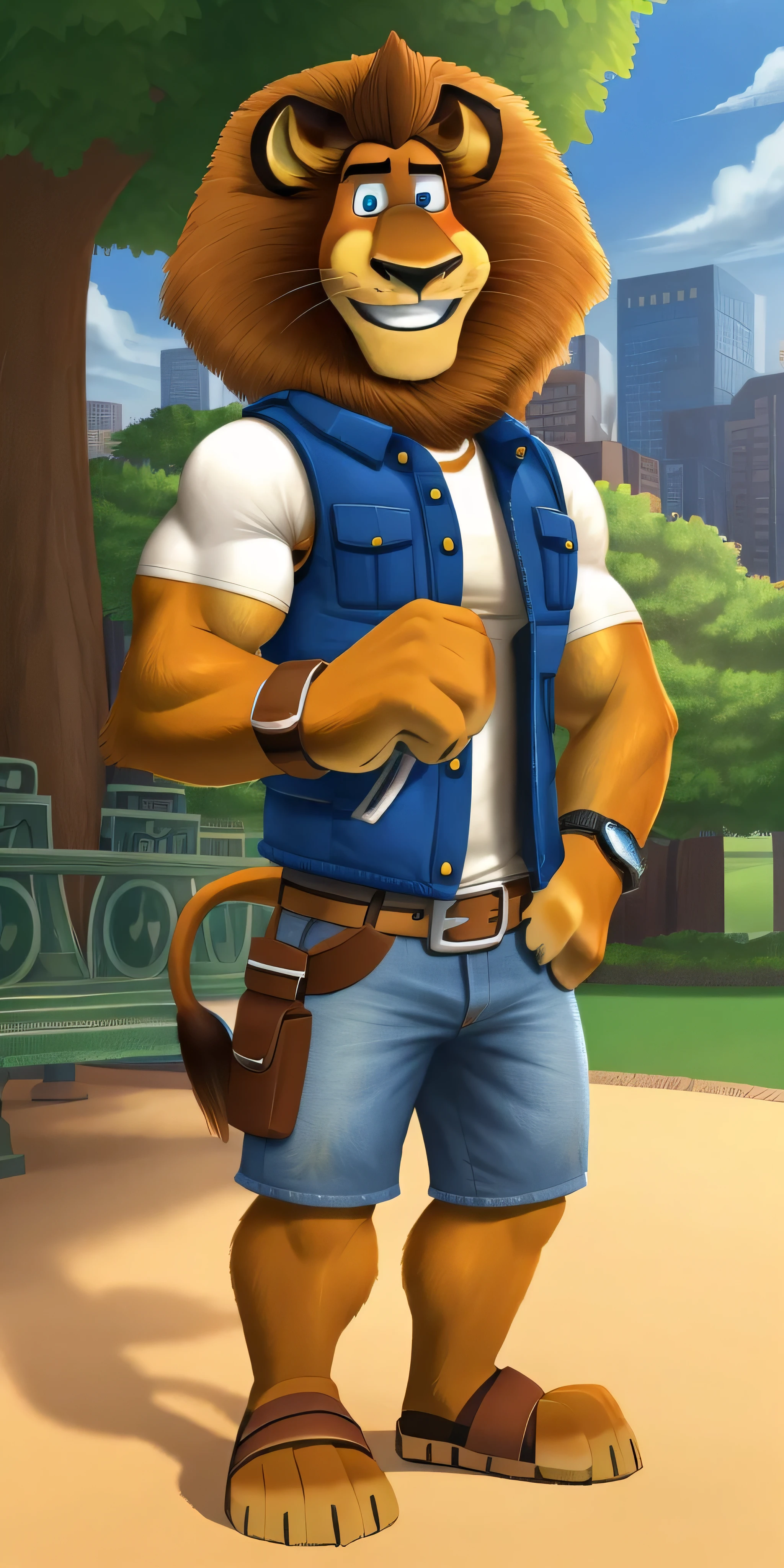 AlexLion, solo, correct anatomy, cartoony proportions, muscular body, biceps anatomy correct, big biceps, extremely beautiful and cute face, ultra quality eyes, perfectly detailed blue eyes, white iris with perfectly detailed pupils, wears insulated vest, white t-shirt with short sleeves, denim cargo shorts with brown belt, beautiful socks, birkenstock sandals, fancy watch on his right wrist, hands in pockets, park background, gentle look, cute smiling, grin, radiant, cute, handsome, beautiful, kind, sweety, extremely charismatic, majestic, friendly, simply irresistible, attractive, charming, super good looking, hot, sexy, gently looking at viewer, face focus, ultra detalization, perfect detalization, perfectly detailed, ultra quality, highest resolution, 4k, 8k