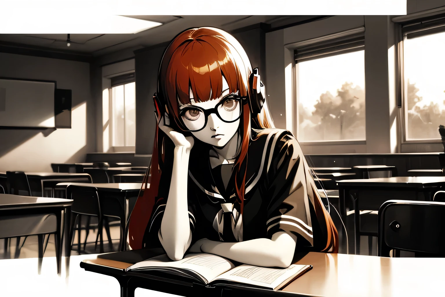 Solo, long hair with blunt bangs, glasses and headphones, dsfutaba, primary colour is red, closeup, sitting on a table, classroom, windows, school, school uniform, detailed, holding a book, detailed, details, high quality, solo, young woman, studying, monochrome, (spot color:1.2), (style art:1.2), shades of red, primary colour is red, secondary colour is orange