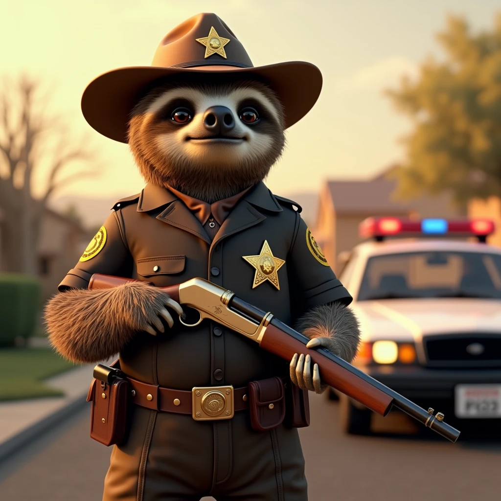 A **sloth sheriff** wearing a **traditional American sheriff uniform** complete with **badges and a hat**, confidently holding a **shotgun** while standing in front of a **patrol vehicle** displaying **police insignia**. The setting is a **suburban outdoor scene** with **warm lighting** and **soft realistic textures** on the sloth's fur and clothing. The sloth has a **serious yet friendly expression**, and the **police car in the background** is slightly **out of focus** with **flashing lights**. The artwork is a **highly detailed, cinematic 3D render**, with a **Pixar style** that evokes photorealism. **(sloth sheriff, traditional uniform, shotgun, suburban setting, warm lighting, photorealism, Pixar style, soft textures, cinematic)**.
