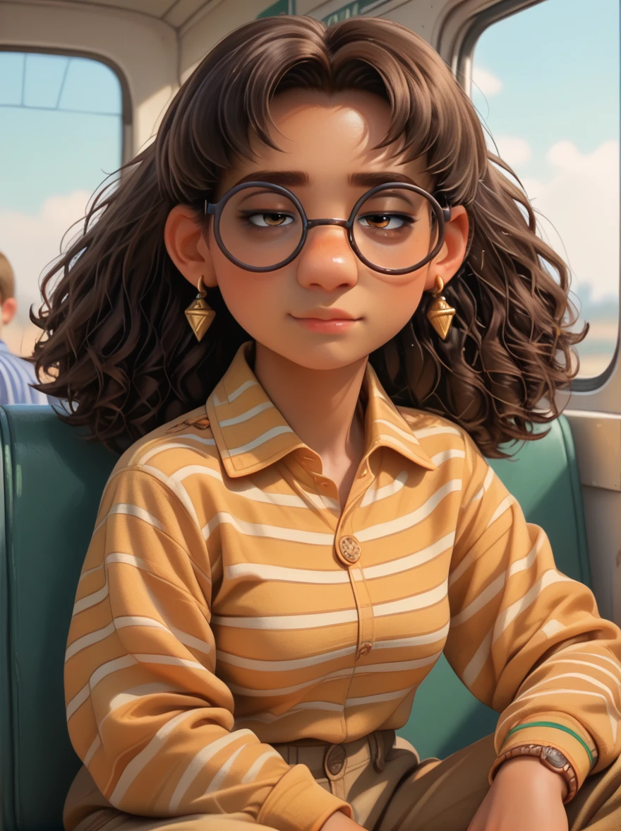 Priya, 

dark skin, brown eyes, brown hair, glasses, earrings, striped shirt, loose ocher cargo pants with pockets, 

1 girl, alone, tired look, medium breasts, 
looking at viewer, smile ,

score_9, score 8, score 7, score 6,

looking at the viewer, sitting on the bus, spreading his legs,