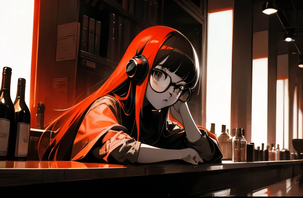 Solo, long hair with blunt bangs, glasses and headphones, dsfutaba, primary colour is red, closeup, detailed, detailed, details, high quality, solo, young woman, studying, monochrome, (spot color:1.2), (style art:1.2), shades of red, primary colour is red, secondary colour is orange, bar, night, bottles, glasses, leaning on the wall, looking to tye side