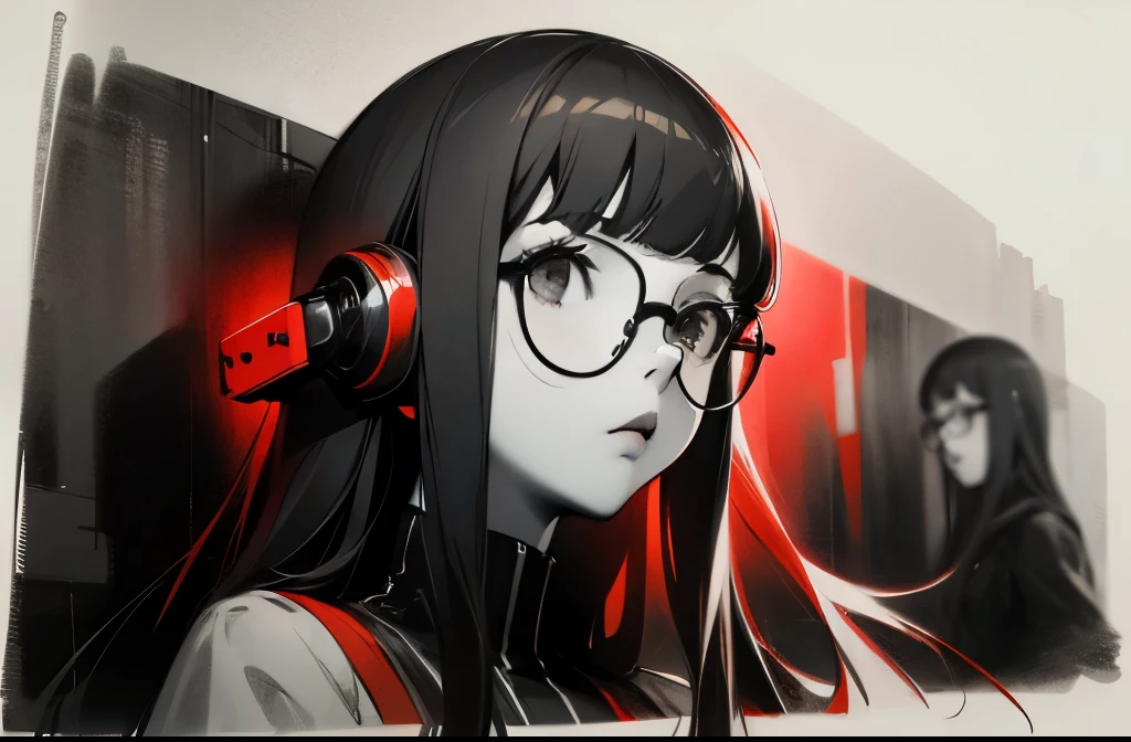 Solo, long hair with blunt bangs, glasses and headphones, dsfutaba, primary colour is red, closeup, detailed, detailed, details, high quality, solo, young woman, studying, monochrome, (spot color:1.2), (style art:1.2), shades of red, primary colour is red, secondary colour is orange, bar, night, bottles, glasses, leaning on the wall, looking to tye side