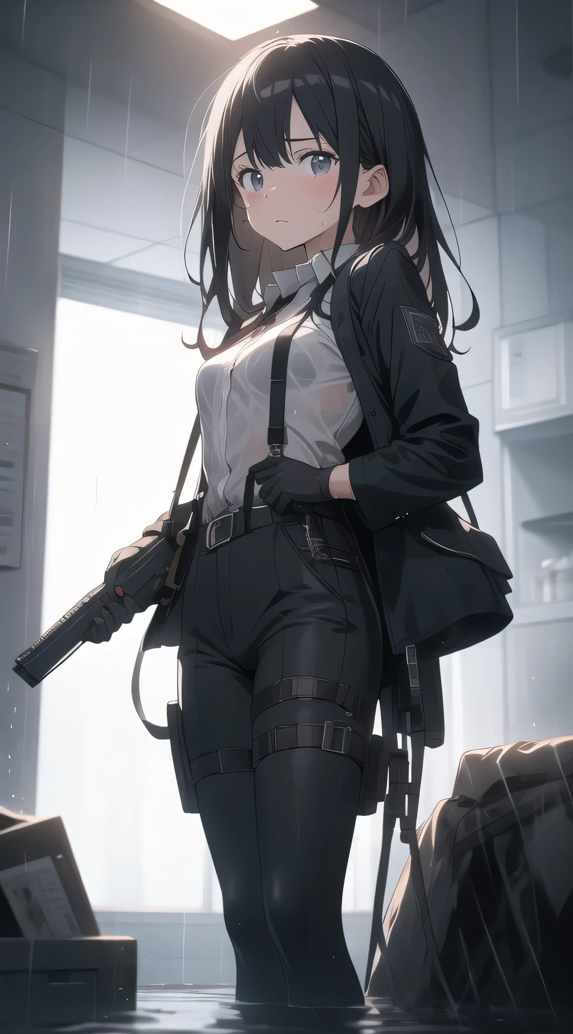 1 female, , high quality, masterpiece, Ultra-high resolution, , Cinema Lighting, , , And the suspenders with the cranes flying Large Breasts Small face holster Lying in bed Looking up Sweat belt summer 脇Sweat Black Hole Gloves suit shirt Black jacket Black trousers Leg Links ズボンにbelt holster Hands behind your back Anxious expression Looking up Anxious face, legs apart Armament Handgun handcuffs Cable ties レッグholster holster See-through clothing heavy rain Getting wet in the rain
