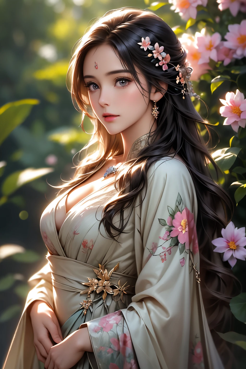 Arafed woman with long hair in a dress and a flower in her hair, ig model | artgerm, beautiful alluring anime woman, karol bak uhd, soft portrait shot 8 k, Beautiful Maiden, with long hair and piercing eyes, 8K Artgerm Bokeh, in style of wlop, beautiful fantasy maiden