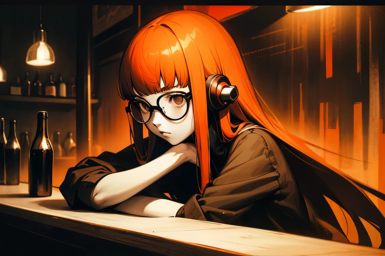 Solo, long hair with blunt bangs, glasses and headphones, dsfutaba, primary colour is red, closeup, detailed, detailed, details, high quality, solo, young woman, studying, monochrome, (spot color:1.2), (style art:1.2), shades of red, primary colour is red, secondary colour is orange, bar, night, bottles, glasses, leaning on the wall, looking to tye side