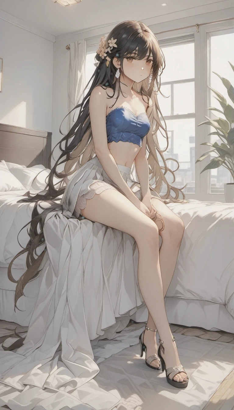 Beautiful girl sleeping，15year old，Realistic and realistic，Realistis，the detail，Bare legs，Bare feet，Cute，Long brown hair，No clothes，No pants，Nothing worn，Lie down in bed，A sweet smile in your sleep，Top-down perspective