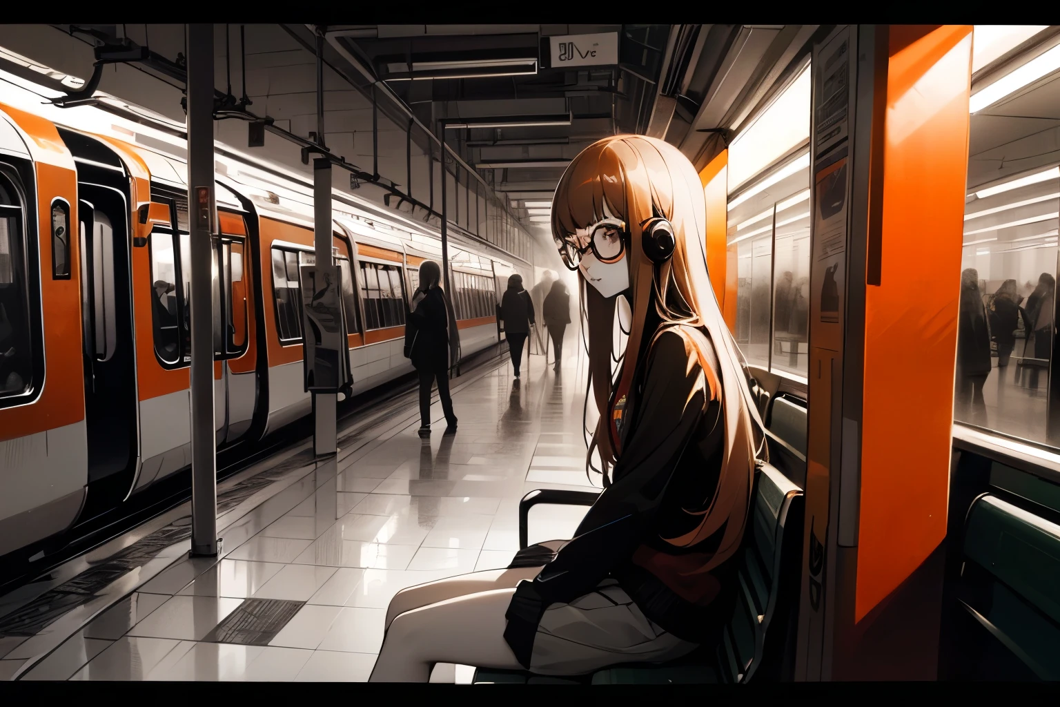 Solo, long hair with blunt bangs, glasses and headphones, dsfutaba, primary colour is red, closeup, detailed, detailed, details, high quality, solo, young woman, studying, monochrome, (spot color:1.2), (style art:1.2), shades of red, primary colour is red, secondary colour is orange, Subway station, sitting on a bench, train, alone