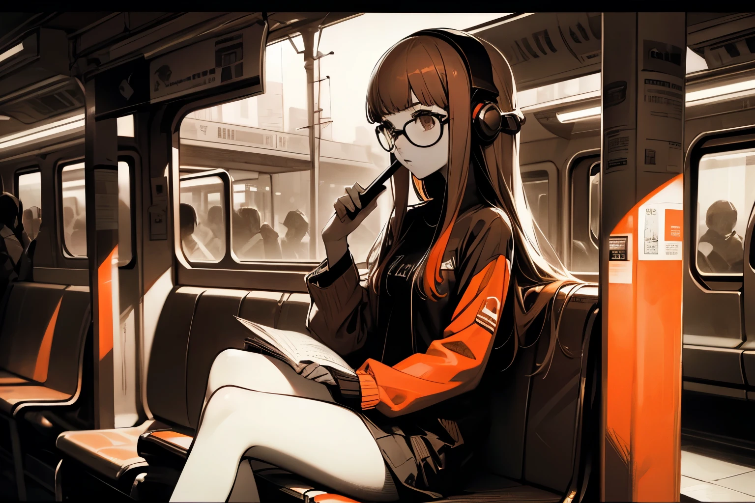 Solo, long hair with blunt bangs, glasses and headphones, dsfutaba, primary colour is red, closeup, detailed, detailed, details, high quality, solo, young woman, studying, monochrome, (spot color:1.2), (style art:1.2), shades of red, primary colour is red, secondary colour is orange, Subway station, sitting on a bench, train, alone