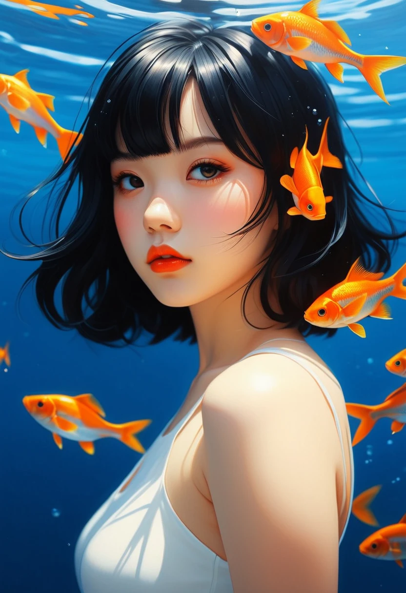 There was a woman in the water，周围都是The fish, inspired by Yanjun Cheng, by Yanjun Cheng, Guweiz style artwork, yanjun chengt, Beautiful digital artwork, ross tran 8 k, The fish, Japanese Pop Surreality, author：Russell Dongjun Lu, Inspired by Zheng Xiaorong, author：Li Song