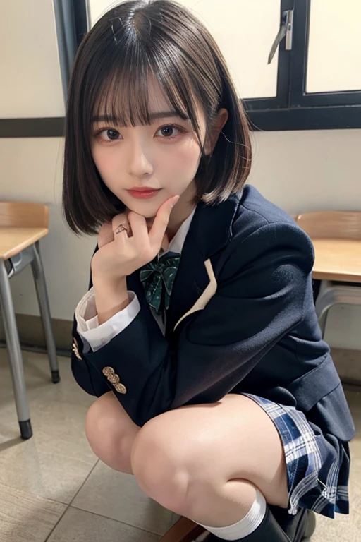 (kawaii 18 year-old Japanese girl is sitting on chair, Nogizaka idol, Korean idol), healthy female athlete body, (glossy black hair, short hair, pixie cut, bangs:1.3), (rounded face, pure black eyes, single eyelid, no makeup, splashing smile:1.2), (wearing Japanese school uniforms, blazer jacket, collared shirt, bow tie:1.3), extra small breasts, (plaid skirt, bare thighs, thigh gap:1.2), socks, loafers, BREAK, (simple grey background:1.3), (view from above, cowboy shot, thigh focus:1.2), BREAK, (masterpiece, best quality, photo realistic, official art:1.4), (UHD, 8K quality wallpaper, high resolution, raw photo, golden ratio:1.3), (shiny skin), professional lighting, physically based rendering, award winning, (highly detailed skin, extremely detailed face and eyes, anatomically correct body), Carl Zeiss 85 mm F/1.4, depth of field, 1girl, solo,