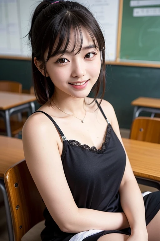 masterpiece, top quality, ultra high definition, colorful, flat color, depth of field, lens flare
1 girl, sitting, black hair, watching viewer, school, classroom, pleated mini skirt, black pantyhose, detailed touch, detailed fabric texture, beautiful detailed face, 30 year old beauty, adult atmosphere, bra, exposure