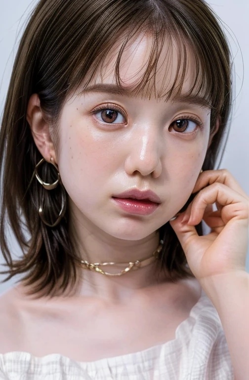 (realistic, photo-realistic, best quality, masterpiece), (face focus, portrait, frontal photography), solo, 1girl, an 8yo Japanese woman, collarbone, choker, jewelry, off shoulder top, jewelry, pale skin, cute and child-like face, (detailed face, detailed eyes, sophisticated nose), simple background,