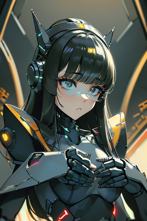 (masterpiece),(Highest quality),(Super detailed),(Best illustrations),(Best Shadow),(Absurd),(Detailed Background),(so beautiful), 16K, 8K, 4K,(Best Shadow),empty eyes,robotization,woman ,big bust,Robot Joint ,Metal skin,Black Suit,long hair,a black suit that covers the whole body,robot hand,cyber bodysuit,mecha head,cyborg eye,robotization, transforming into robot,(Detailed hands and fingers:1.2),plugging back head,robotic face,a robotic face line on the face