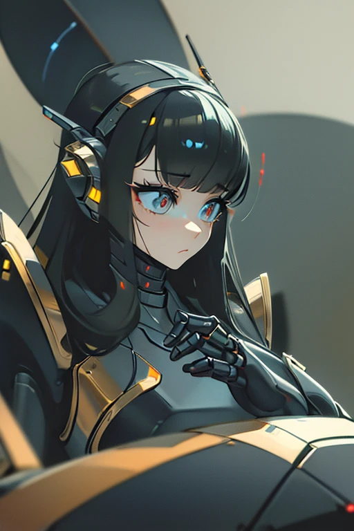 (masterpiece),(Highest quality),(Super detailed),(Best illustrations),(Best Shadow),(Absurd),(Detailed Background),(so beautiful), 16K, 8K, 4K,(Best Shadow),empty eyes,robotization,woman ,big bust,Robot Joint ,Metal skin,Black Suit,long hair,a black suit that covers the whole body,robot hand,cyber bodysuit,mecha head,cyborg eye,robotization, transforming into robot,(Detailed hands and fingers:1.2),plugging back head,robotic face,a robotic face line on the face