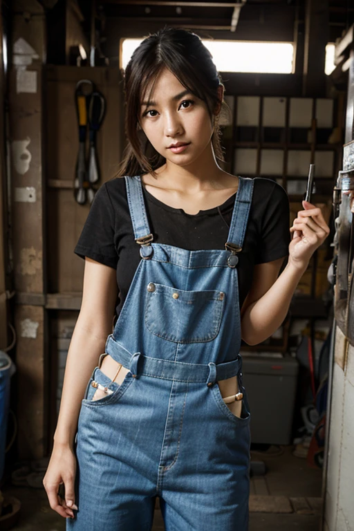 Highest quality　High resolution　Simple　White overalls work clothes　A woman holding a paint can and a brush　There is a little paint on the clothes or body.　Abandoned house　20 years old