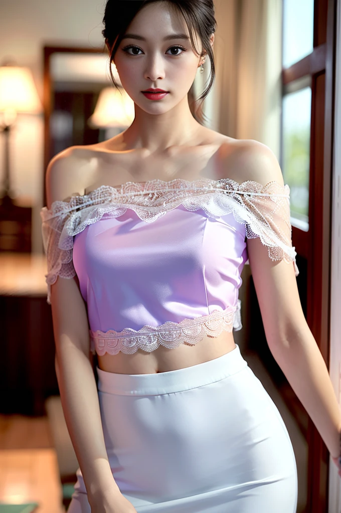 8K, Masterpiece, Raw foto, Best Quality, Photorealistic, Extreme detailed CG unity 8K wallpaper, Depth of field, Cinematic light, lens flares, Ray traching, (extremely beautiful face, beautiful lips, beautidful eyes), Intricate detail face, ((ultra detail skin)) 1Girl, Dark In, Deep Shadow, Pretty Korean Girl, kpop-idol,(Very slender muscular body:1.3), ((looking up at viewer)),(big grin:1.3), (natta, (neon sign), (blured background), Midnight, (There are no people in the background.:1.3), Pretty Korean Girl, White diamond earrings, wristband, necklaces, Pantyhose, Clear eyes, walking , Front Shot, (pale-skin), Facing Forward, (Big Eyes), Full Body Shot, ((See-through blouse)), (Hot pink blouse)), ((lace skirt)), (looking up at viewer:1.3), Very slim, Medium Tits, Hermès bag