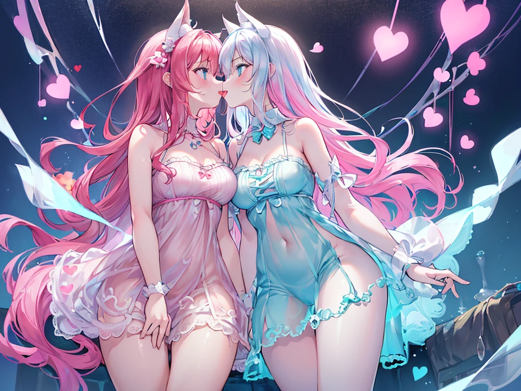shoujo ai of two li girls with sexy transparent lingerie on a bed with rose petals, they are kissing tenderly with naked breasts and weights rubbing, one of the girls has pink lingerie and long straight blonde hair and small breasts and the other The girl has blue lingerie, long pink hair and small breasts. You can see an open window with a background of stars, the moon and hearts.