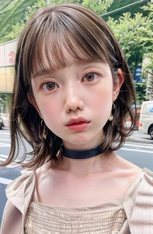 (realistic, photo-realistic, best quality, masterpiece), (full body, frontal photography), solo, 1girl, an *** Japanese woman, collarbone, choker, jewelry, pinafore dress, jewelry, pale skin, cute and child-like face, (detailed face, detailed eyes, sophisticated nose), simple background,