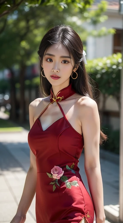 A beautiful woman in a cheongsam。She was wearing a red cheongsam，The cheongsam is embroidered with golden patterns，Like a blooming peony，Like a fluttering butterfly。The neckline of the cheongsam is very low，Revealing her fair neck and collarbone，There is also a delicate clavicle chain。Her long black hair was tied up behind her head，Fixed with a beautiful hairpin，Showing off the white earlobes and delicate earrings。She has a pair of bright eyes.，Shining like a black gem，Her lips are rosy and full，As delicate as rose petals。
 
She started walking，The cheongsam sways with her steps，Like a blooming red lotus，It&#39;s like a flowing red cloud。