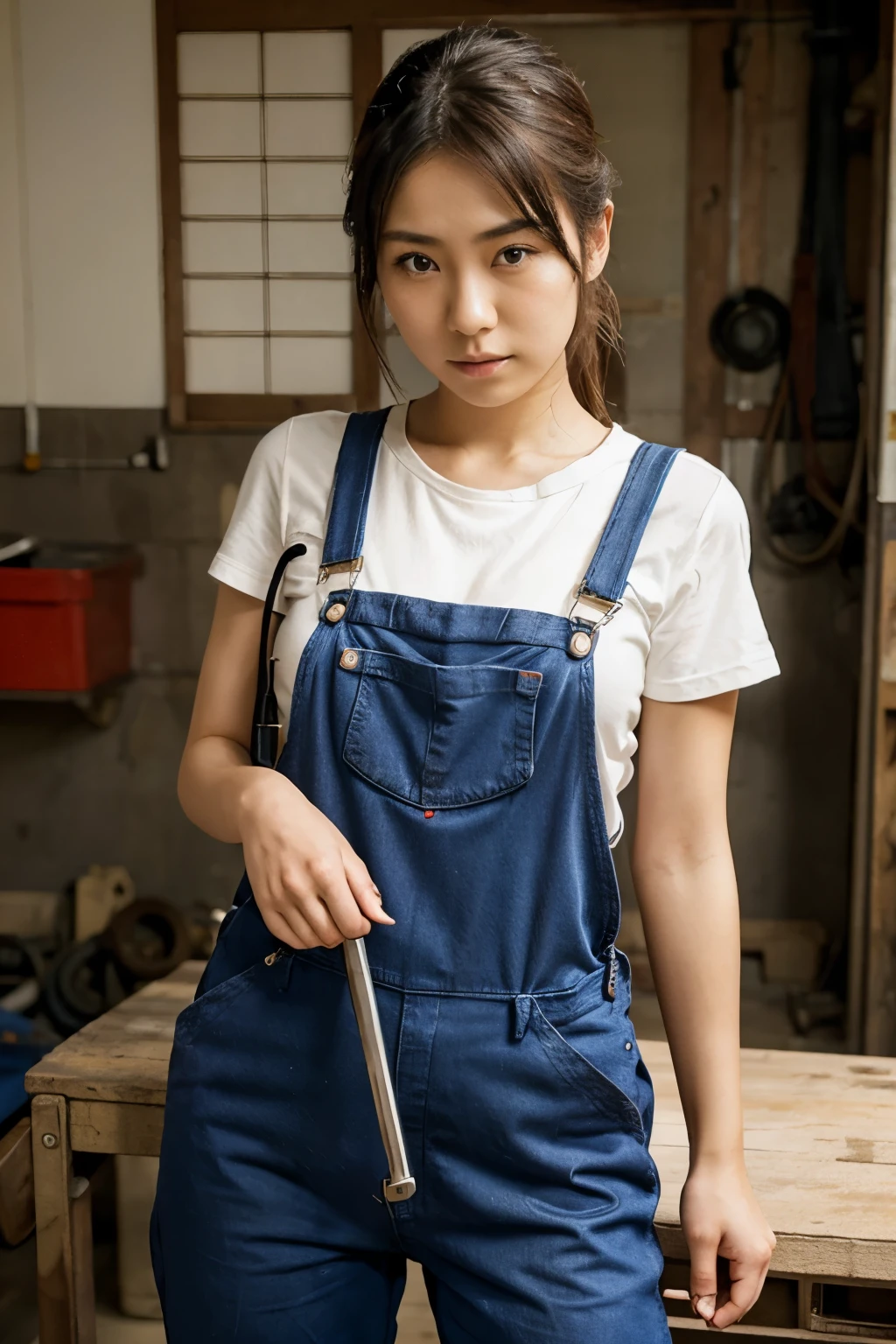 (WEARING SUSPENDER), ((Open mouth)), Naked singlet (((HIJAB MALAY GIRL))), masutepiece, High quality, UHD 32K, Realistic face, Realistic skin feeling , A Japanese Lady, , , Very cute and baby-like face, (((FLAT CHEST))), (MATRIX WORLD), ((look In front  at the camera and SADNESS)), ((())), (((CUTE GIRL))), ((RAINBOW LIPS)), ((Wearing Lingerie Suspender)), ((CHUBBY)), (undress, work in a welding workshop, safety first, very fierce facial expression ,(red jeans),