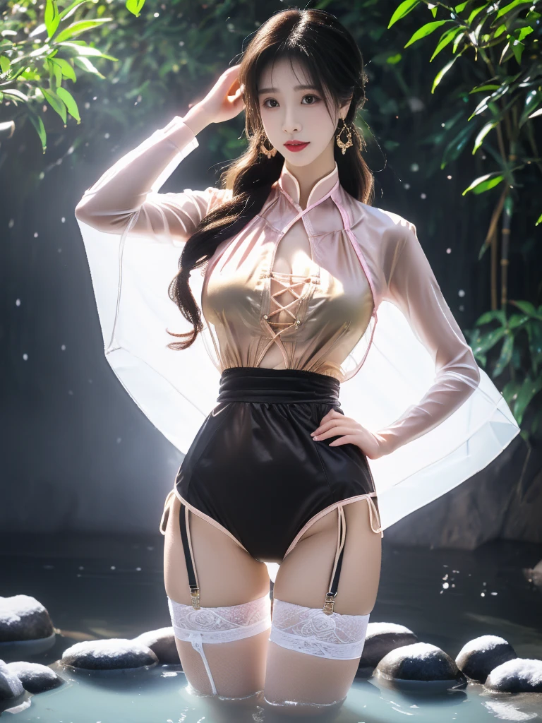 ((A woman)), 美丽脸庞的Sexy中国华裔女明星, 穿着Sexy暴露的透明衣服, Wear dark T-pants, (((Light theme, Exposing the subject, Sexy主题)))
((Transparent clothes: 1.5), (Revealing clothes: 1.5),  (Wet clothes:1.0), (Color of clothes: Bright pink), ((Wearing transparent clothing)), ((Irregular transparent clothing)))
(((night, Private hot spring, Surrounded by fog, bamboo forest, Standing in the water, Snow Scene))),
((desktop:1.0), (:1.4), (high resolution:1.2), (Reality:1.4))
((8K Ultra HD, 8K, 超high resolution, Best quality, Super Fine, Clear focus. Masterpieces, complete pattern, Ultra HD, Detailed photos, Best image quality，Ultra-clear，Delicate facial features，Well-defined, Highly rated works, Close-up depth of field photography, Above the knee, Symmetrical character)), 
((Creating the image of a real girl), Realistic shadows, Soft lighting, Dynamic Angle, Dynamic poses, Elegant Posture, Cowboy lens, Full body front view, Be confident, Facing the camera, Eyes looking towards camera lens, Standing posture, Open your legs slightly, Golden Ratio Graphics, Minimalism, Center the character), 
( Smile, Sexy的, Balanced Eyes, Realistic eyes, Beautiful details of the eyes,Pretty Face, (Realistic face), Normal facial features, Realistic skin, Pay attention to skin details, Skin is clean and radiant, Whitening, Anatomically correct body, Golden ratio figure, Sexy的身材), 
(Perfect makeup, Gloves, earrings, bracelet, necklace, Jewelry, Hair accessories, shawl, sock, Knee socks, 吊garter, Leg ring, garter, 腿部garter), 
((beautiful hair), Dark black hair, Wavy curly hairstyle, Waist-length hair, Messy Hairstyle, Gradient hairstyles, Cyberpunk Hairstyle, High double ponytail hairstyle), 
(Sexy的, Perfect breast shape, Teardrop chest shape, Snow-white breasts, Very detailed breasts, 34C cup), 
(Super high waist, Deep V, Low-cut, Sexy, Flattering, Open crotch, (Clear camel toe, (High fork strangulation))),
(((Clear outline, Clear underwear, 透明Sexy的穿着)))