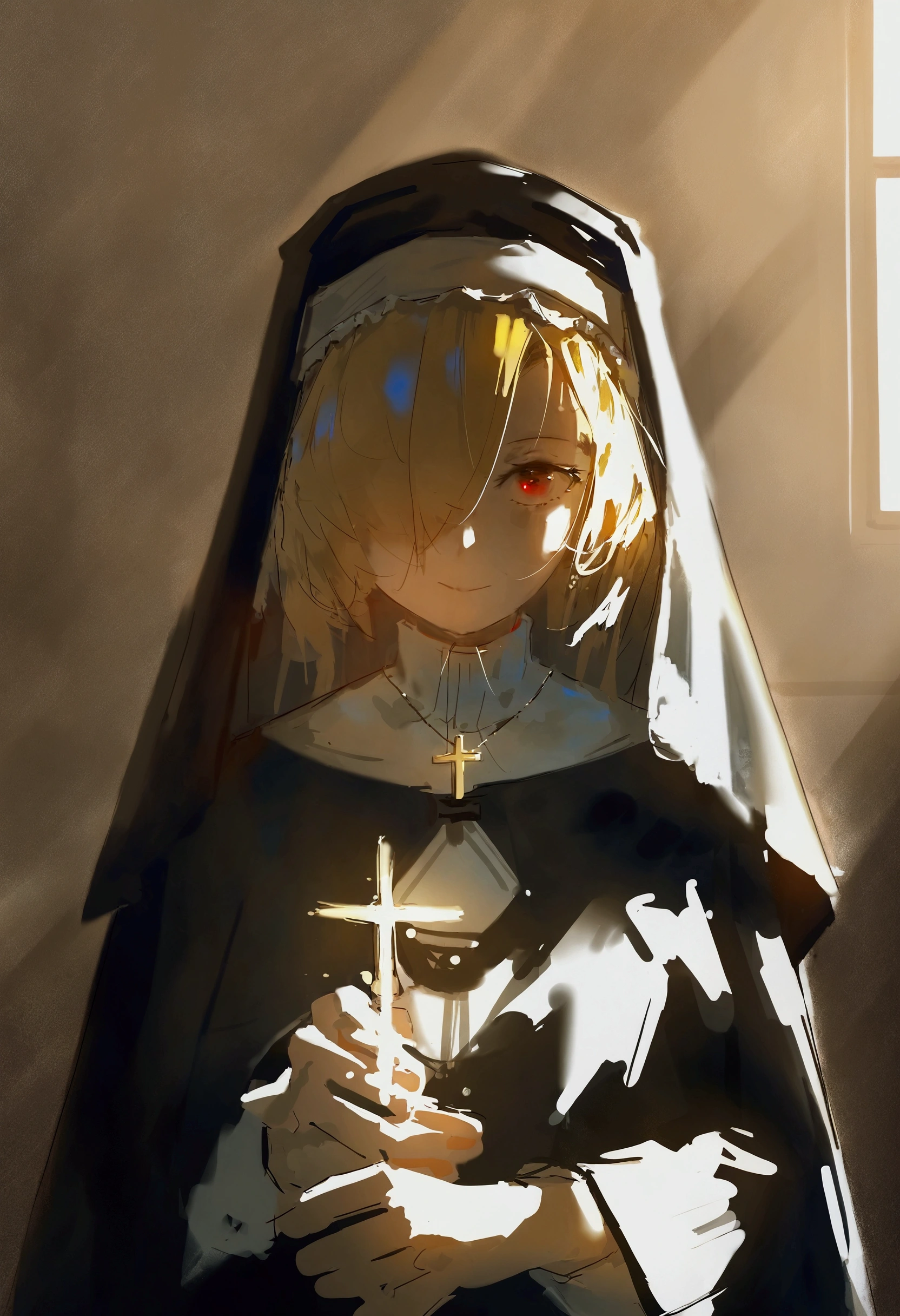 by Dino, best quality, masterpiece, detailed, aesthetic, pseudo imby suzukasuraimu, best quality, masterpiece, detailed, aesthetic, pseudo impasto, blonde hair, church, 1girl, holding, nun, hair over one eye, indoors, cross, jewelry, lower half exposed,necklace, medium hair, robe, bounce light, realistic anatomy, high resolution, high quality, super detailed, sharp focus, perfect lighting, perfect colors, perfect perspective, balanced composition, hyperdetailed hatching, realistic proprotions,