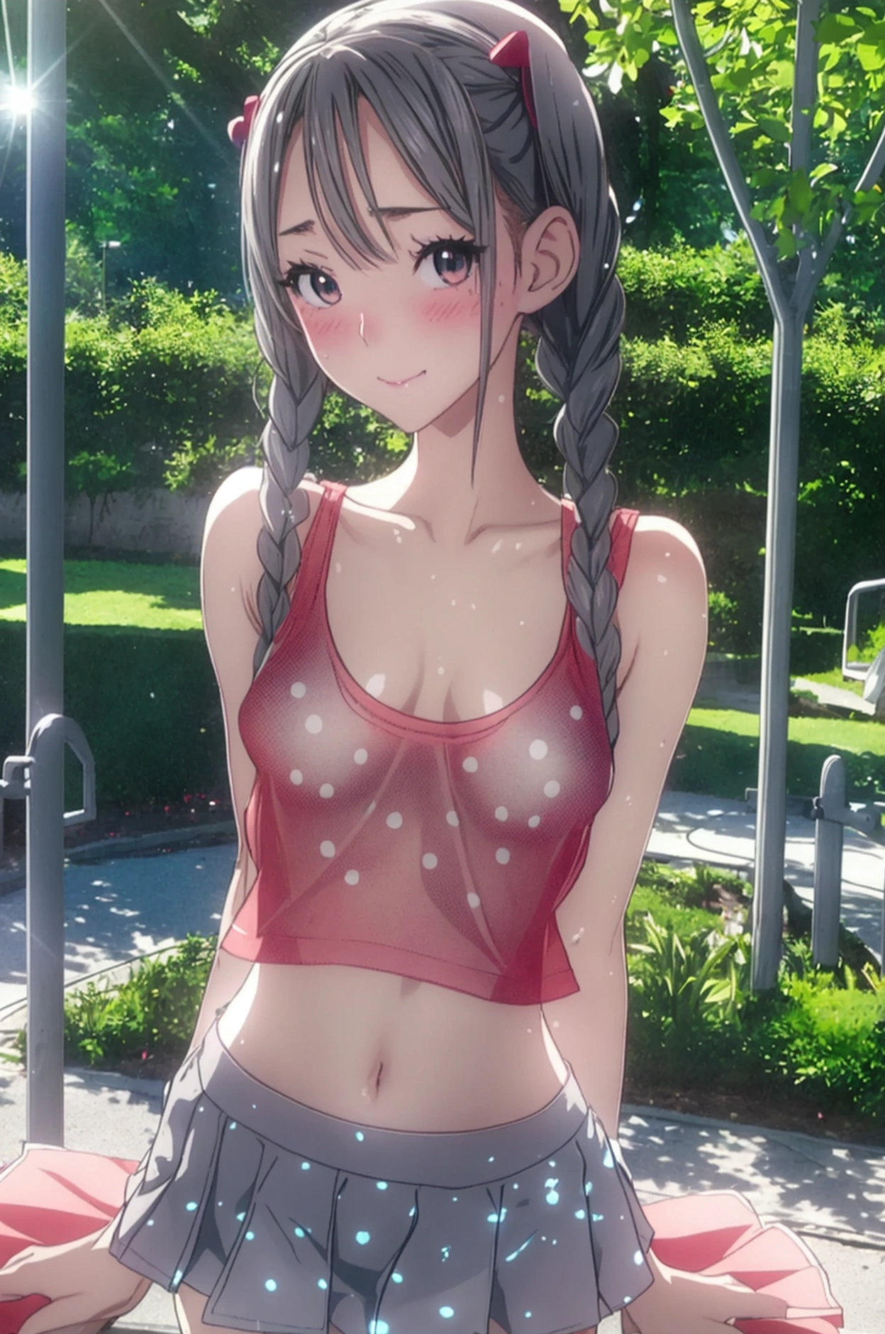 hijabi, masterpiece, best quality, high_resolution, finely detailed, extremely detailed and beautiful, distinct_image, 1 girl, solo, underneath, (underboob), outdoor, plants, botanical garden, dolphin shorts, arms behind back, light smile, sweat,
