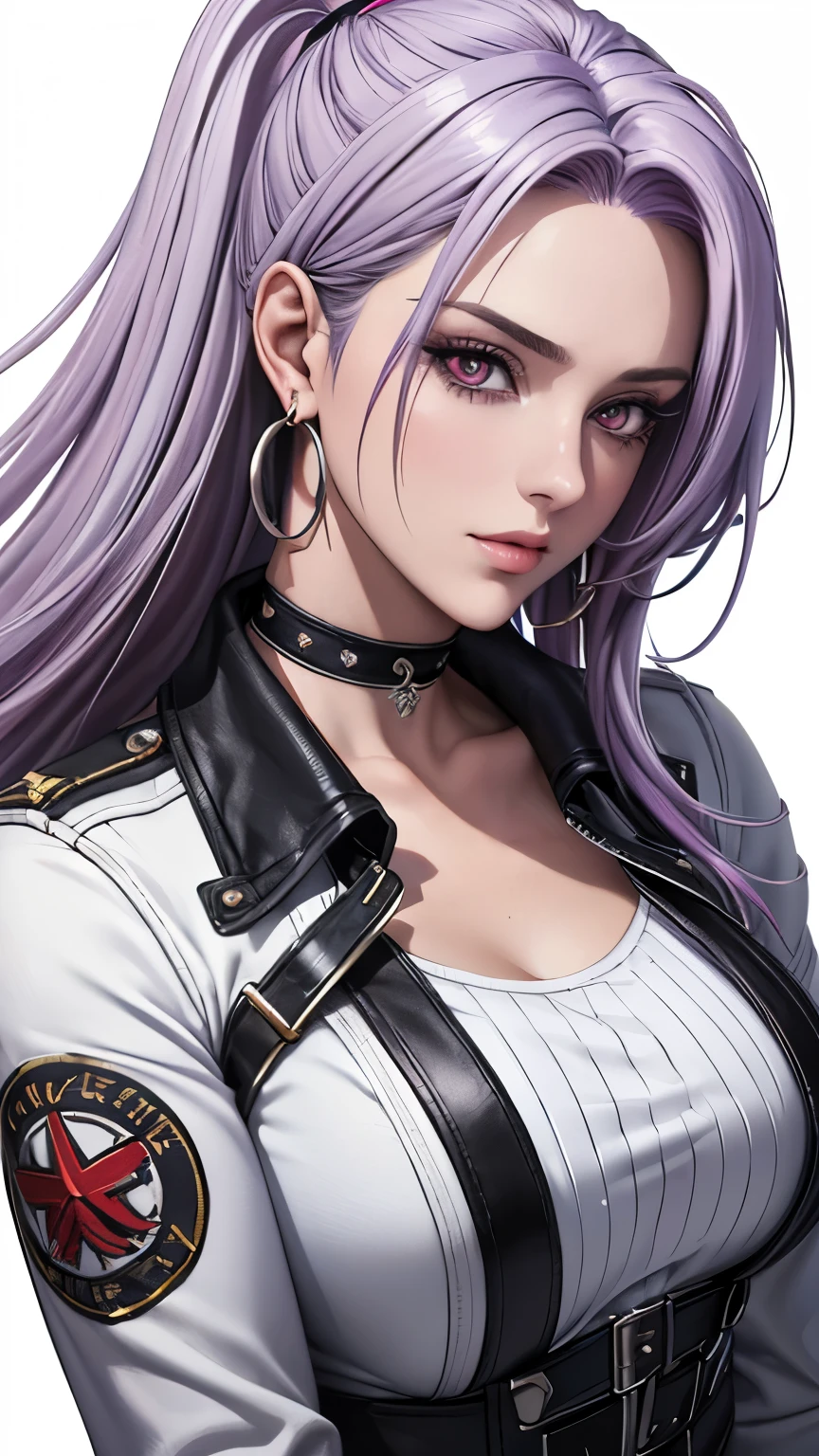 red eyes, (highest quality, masterpiece painting:1.3), immature woman, , (half body shot), masterpiece, ultra high resolution, (Photoreal:1.0), ((light purple hair)),straight hair, beautiful shining hair, white and shining skin, ((Ultra realistic details)), octane rendering, highly detailed face, (big breasts:0.8),  distressed denim jacket with patches and pins, paired with black skinny jeans and combat boots, Accessories: silver hoop earrings and a black choker necklace, open neckline, cleavage, perfect body, soft skin, silver earrings, (pure white background:1.4), sharp focus, intricate details, professional artwork, (bright colors:1.1), bright colors, diffused lighting, digital blending, ultra-definition body, ultra detail hair, super detailed face, that&#39;It&#39;s trending on pixiv, top button open, Cute gaze, compensate, perfect lips, perfect compensate, Ultra-precision coating, (light_smile:0.8), (smugness:1.2),blush your nose,