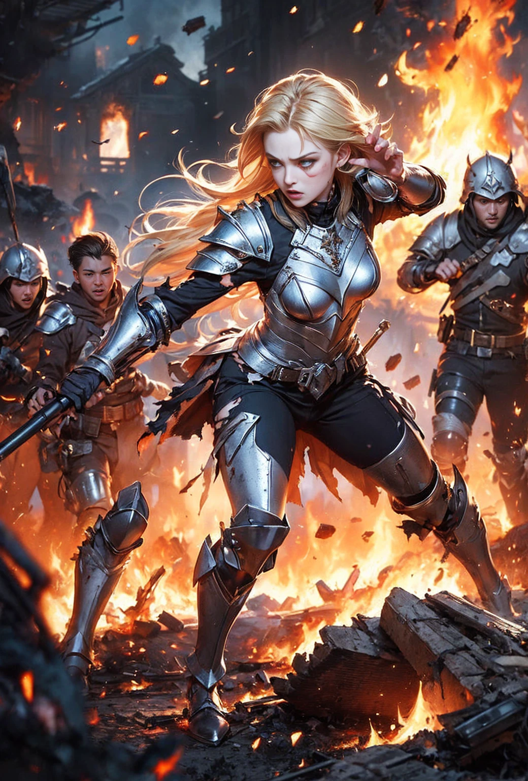 (masterpiece:1.5), (bestquality), (highlydetailed), (ultra-detailed), (1girl:1.2), (full body:1.2), (young girl), (blonde hair), (weapon in hand), (war battle scene), (bloody atmosphere), (smoke), (fire), (corpses), (chaotic background), (explosions), (torn clothing), (determined expression), (sweat and dirt), (injured), (dynamic pose), (broken armor), (burnt landscape), (fighting stance), (smoldering debris), (flames:1.3), (battle cries), (sounds of war:1.1),