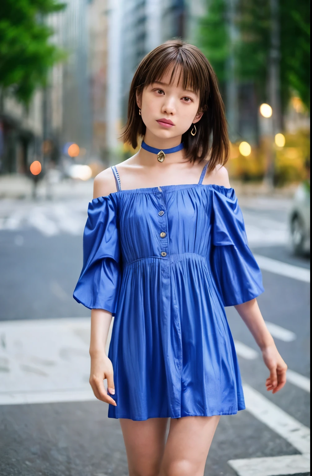 (realistic, photo-realistic, best quality, masterpiece), (full body, frontal photography), solo, 1girl, an 18yo Japanese woman, collarbone, choker, jewelry, (cami minidress, thighs:1.4), sandals, jewelry, pale skin, cute and child-like face, (flat chest, poor size bust:1.5), (detailed face, detailed eyes, sophisticated nose), simple background,