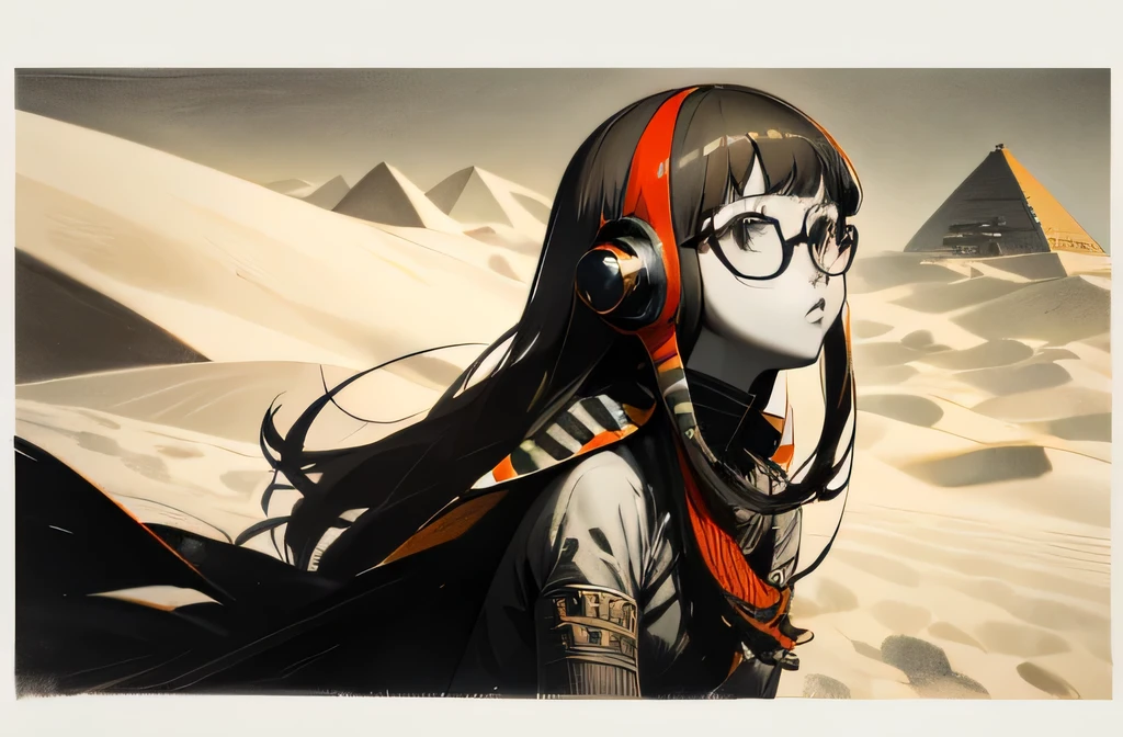 Solo, long hair with blunt bangs, glasses and headphones, dsfutaba, primary colour is red, closeup, detailed, detailed, details, high quality, solo, young woman, studying, monochrome, (spot color:1.2), (style art:1.2), shades of red, primary colour is red, secondary colour is orange, Egypt, dunes, pyramid, sphinx, closeup