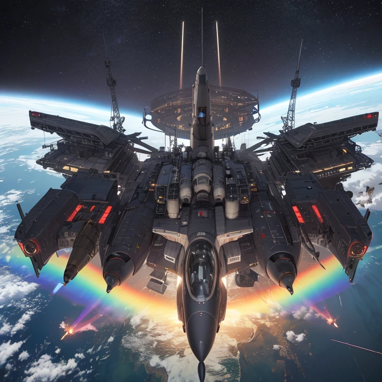 An full image of a giant heavily armored futuristic planet saturn in space, covered in rainbow pattern and glowing javanese runic symbols, artificial planet, forest planet, ocean planet, space station, flying city, flying castle, flying skyscraper, flying castle, flying military base, mobile headquarters, mobile command center, automatic turrets, missile banks, missile defense system, multi-port rear engine arrays, large pivoted missile pods, anti-air batteries, reactive armour over vital spaces, VTOL thrusters, ventral ground-facing VTOL thruster bays, retractable center cannon, white background