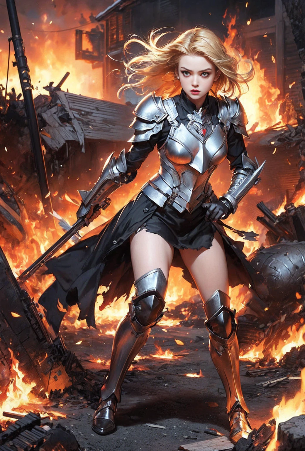 (masterpiece:1.5), (bestquality), (highlydetailed), (ultra-detailed), (1girl:1.2), (full body:1.2), (young girl), (blonde hair), (weapon in hand), (war battle scene), (bloody atmosphere), (smoke), (fire), (corpses), (chaotic background), (explosions), (torn clothing), (determined expression), (sweat and dirt), (injured), (dynamic pose), (broken armor), (burnt landscape), (fighting stance), (smoldering debris), (flames:1.3), (battle cries), (sounds of war:1.1),