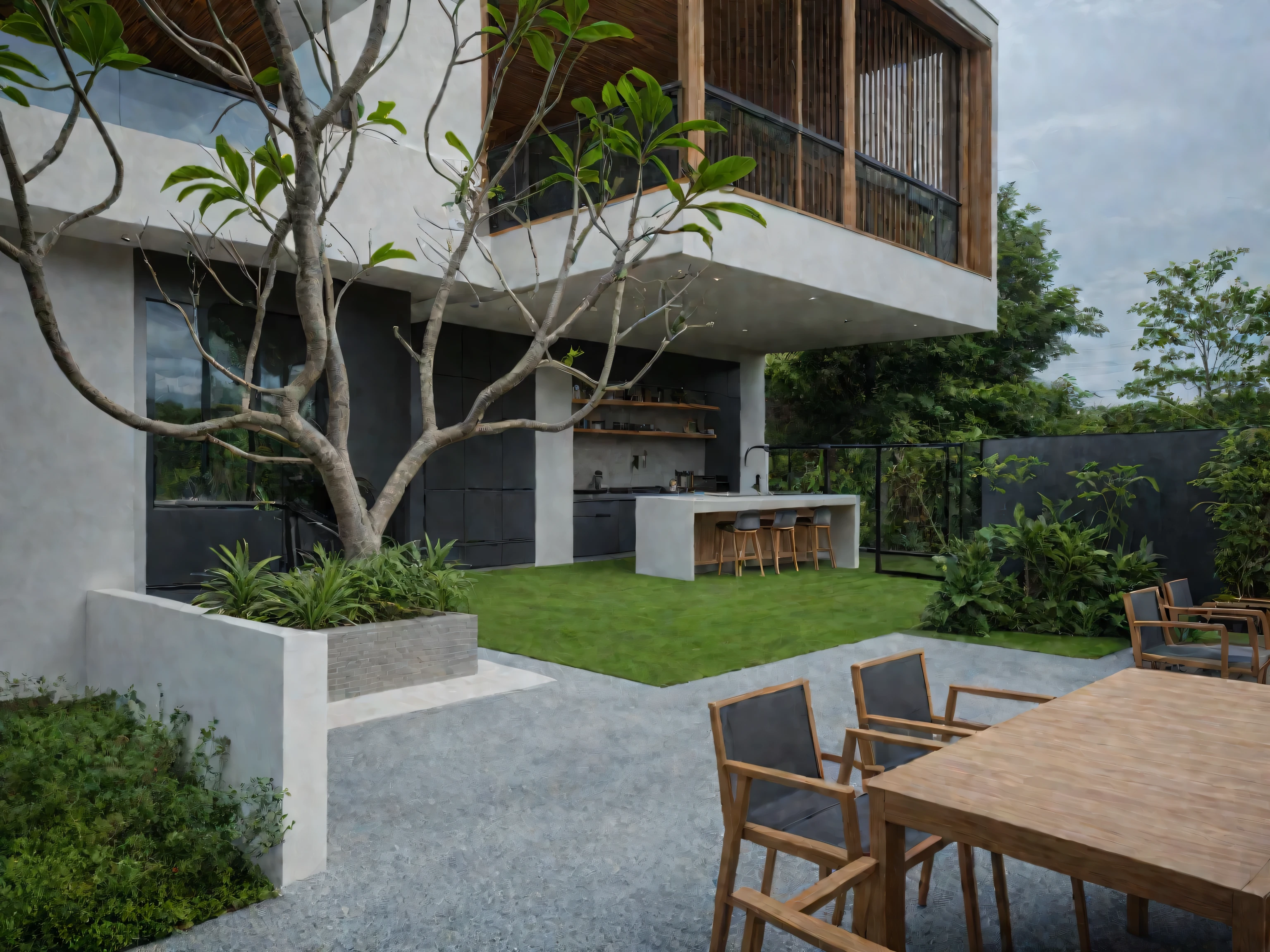 (RAW photo, masterpiece, best quality,ultra-detailed, extremely delicate and beautiful, highresolution, best shadow:1.1),modern house, the house has kitchen, kitchen island, gardencapes, (overcast:1.2), early morning, tree and plant around, joyful vibe, wood, white wall and wooden ceiling, glass windows