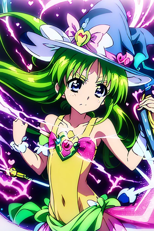 (((PreCure, green costume, magic wand, Uezora, Nanoha Takamachi, Solo, transforming heroine, witch hat, green hair, long hair, heart accessory on chest, allbody)))