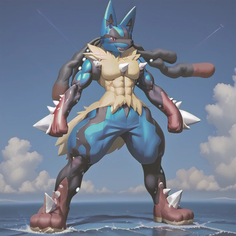 (masterpiece. official art. 8k. best quality. detailed full body. full body.)

(situation 1 : dominating Mega_Lucario. Mega_Lucario is over 1000 meters long. focus GIANT mechanical Muscular Mega_Lucario is trampling the city. Looking down. macro. stomp. Low-angle perspective. emphasizing the immense size.)
(situation 2 : Megacario destroys the city. He is angry.)
(Additional details 2: Detailed head. Detailed Body. Detailed abs. gigantic muscles. HYPER MUSCLES. Gigachad Muscular. big muscle. pecs. triceps. traps. unusually developed muscular body. body full of huge muscles. showing off muscles. pectorales enormes. Exaggeratedly huge muscles. huge muscles. long legs.).

(Megacario, pokemon)

(blue skin, yellow fur,)
(An arrogant expression. smile at the corner of your mouth.)
No nipples. 