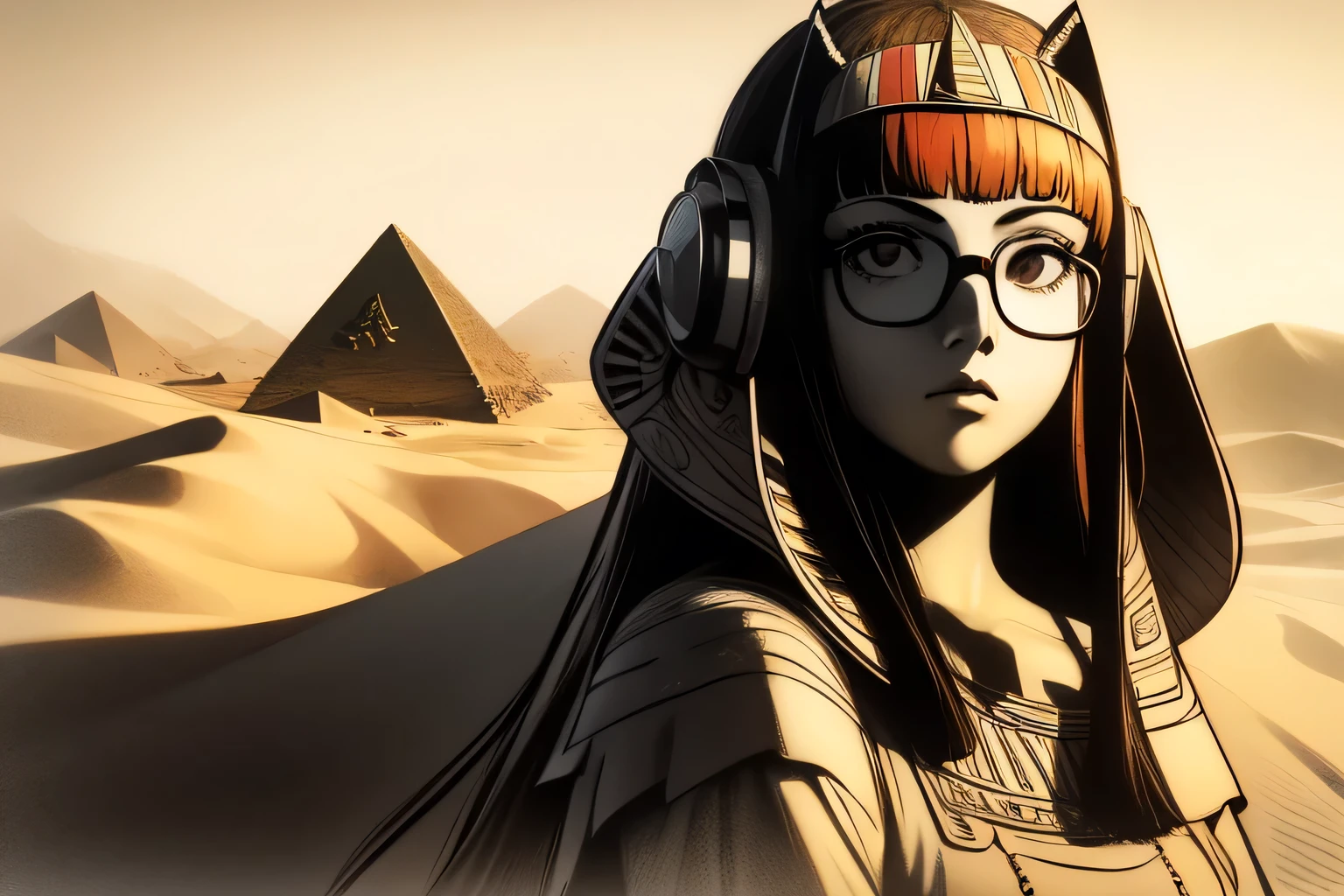 Solo, long hair with blunt bangs, glasses and headphones, dsfutaba, primary colour is red, closeup, detailed, detailed, details, high quality, solo, young woman, studying, monochrome, (spot color:1.2), (style art:1.2), shades of red, primary colour is red, secondary colour is orange, Egypt, dunes, pyramid, sphinx, closeup