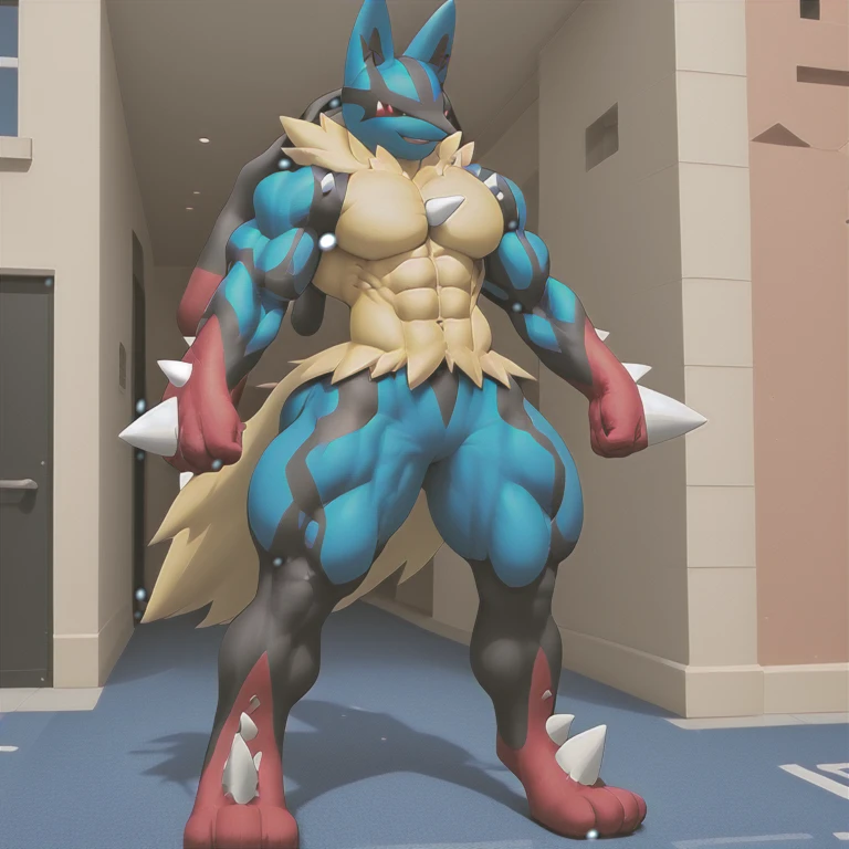 (masterpiece. official art. 8k. best quality. detailed full body. full body.)

(situation 1 : dominating Mega_Lucario. Mega_Lucario is over 1000 meters long. focus GIANT mechanical Muscular Mega_Lucario is trampling the city. Looking down. macro. stomp. Low-angle perspective. emphasizing the immense size.)
(situation 2 : Megacario destroys the city.)
(Additional details 2: Detailed head. Detailed Body. Detailed abs. gigantic muscles. HYPER MUSCLES. Gigachad Muscular. big muscle. pecs. triceps. traps. unusually developed muscular body. body full of huge muscles. showing off muscles. pectorales enormes. Exaggeratedly huge muscles. huge muscles. long legs.).

(Megacario, pokemon)

(blue skin, yellow fur,)
(An arrogant expression. smile at the corner of your mouth.)
No nipples. 